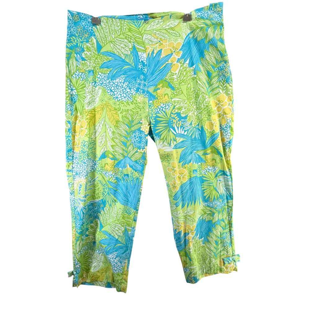 Cotton Connection Floral Tropical Capri Pants Women 16 Green Blue Cropped Summer